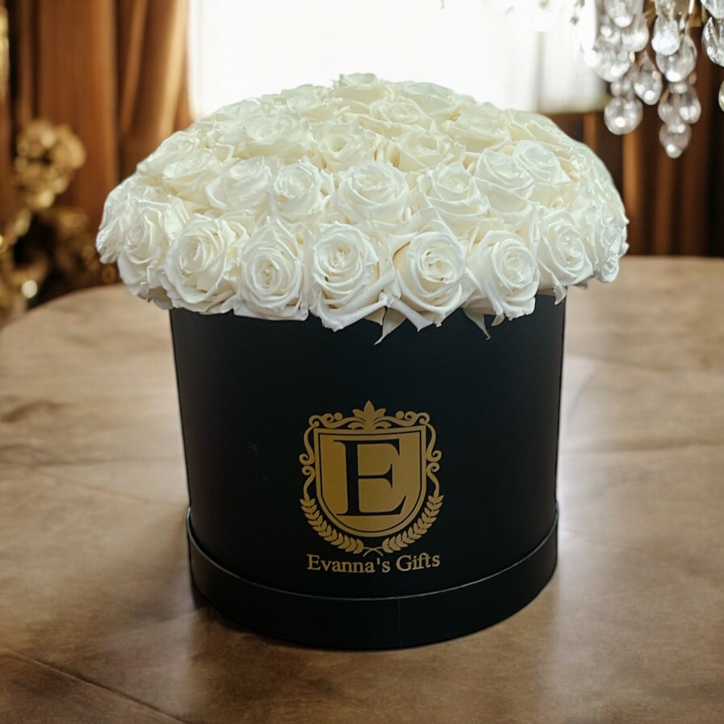 Luxury Forever Roses in Black Elegant Round Box Large - 12 inch Dome