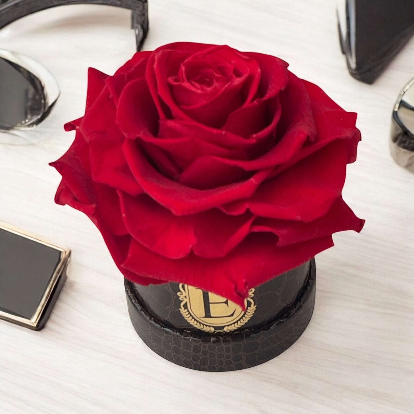 Luxury Forever Single Rose in Crocodile Brown Elegant Round Box Small - 3 inch Flat