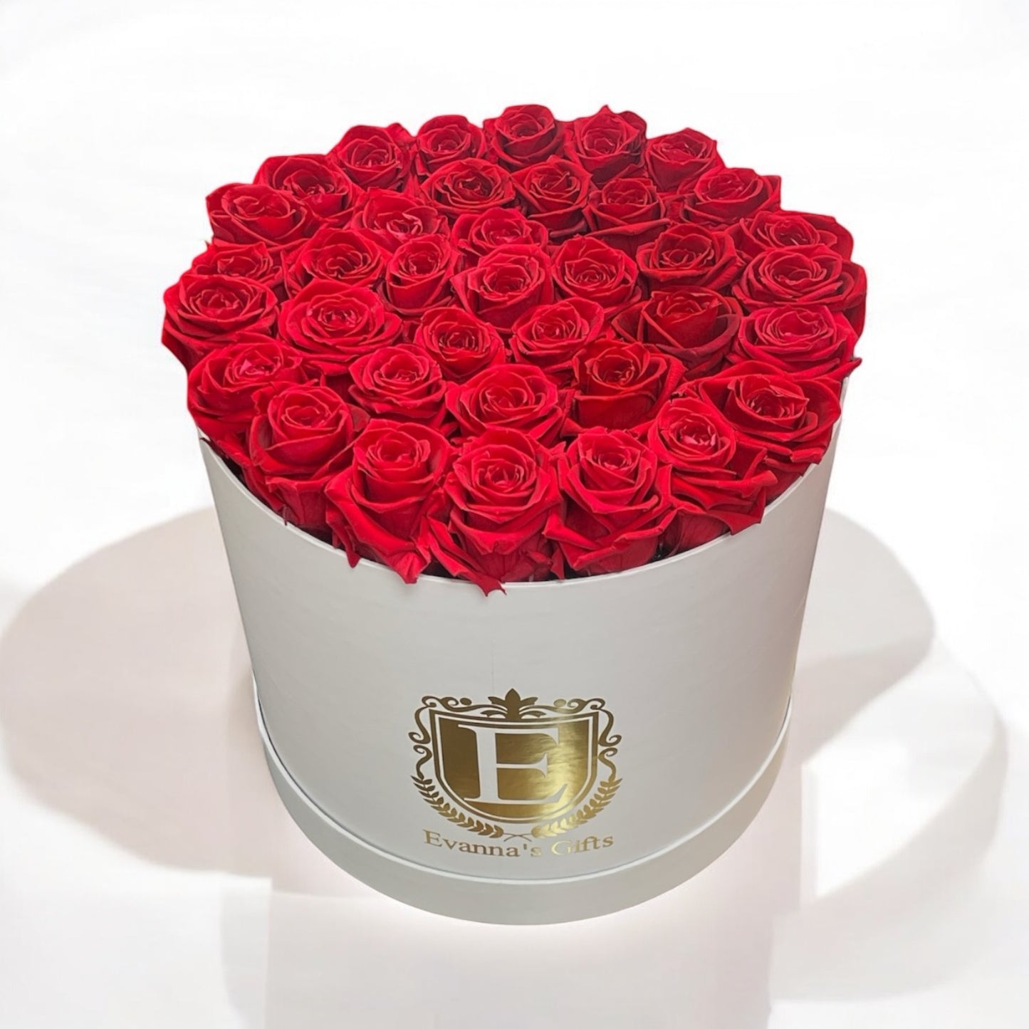 Luxury Forever Roses in White Elegant Round Box Large - 12 inch Flat