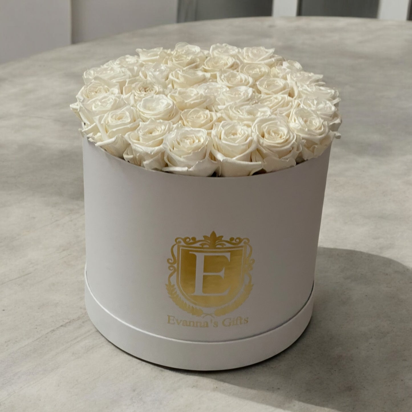 Luxury Forever Roses in White Elegant Round Box Large - 12 inch Flat