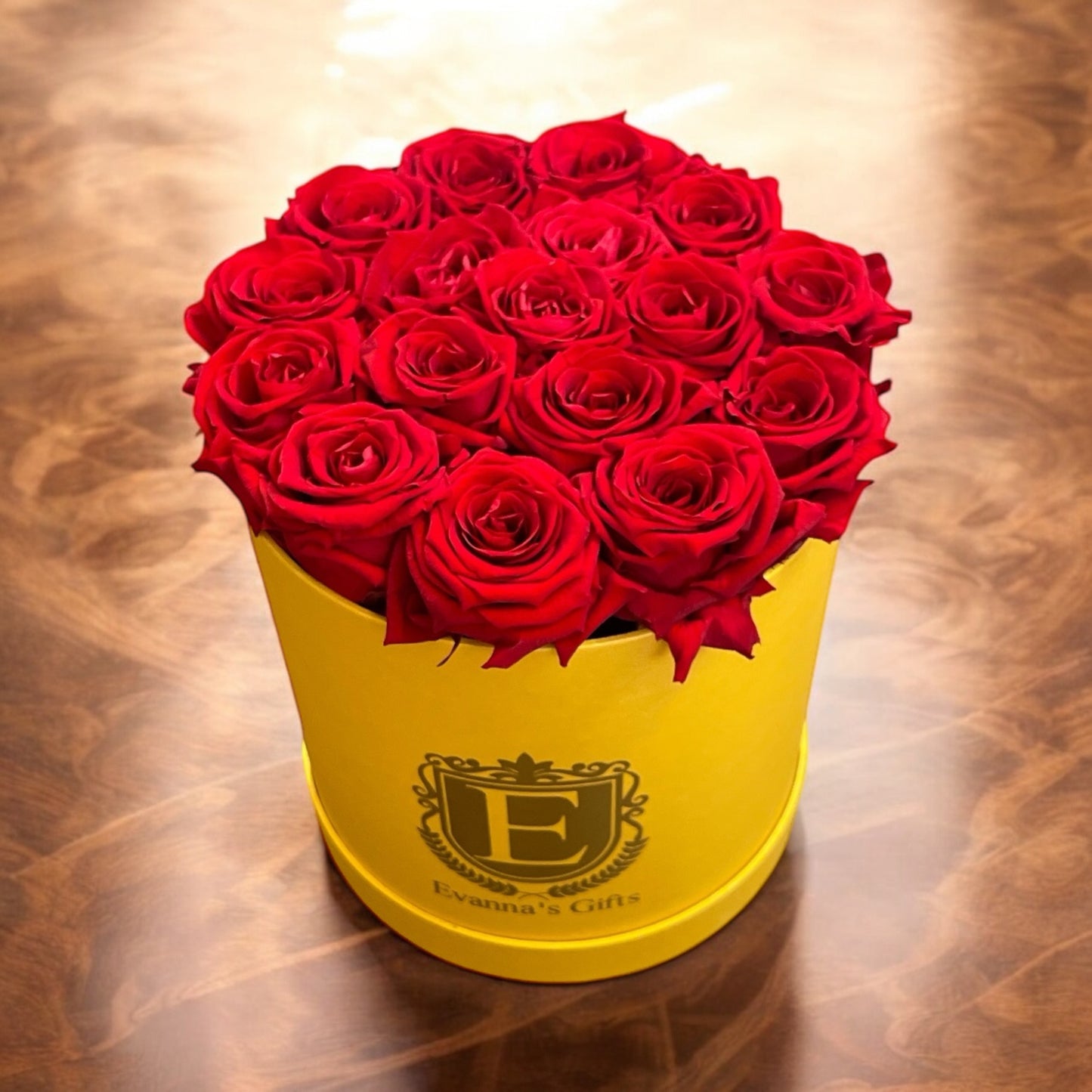 Luxury Forever Roses in Pearl Yellow Elegant Round Box Medium- 8 inch Flat
