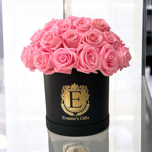 Luxury Forever Roses in Black Elegant Round Box Medium- 8 inch Dome