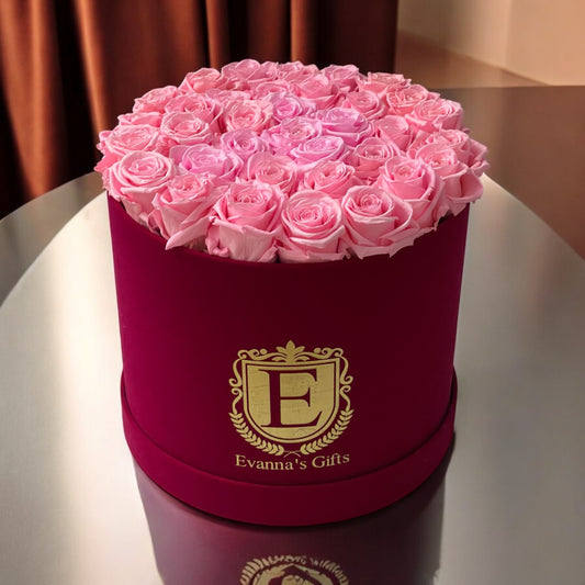 Luxury Forever Roses in Velvet Red Elegant Round Box Large - 12 inch Flat