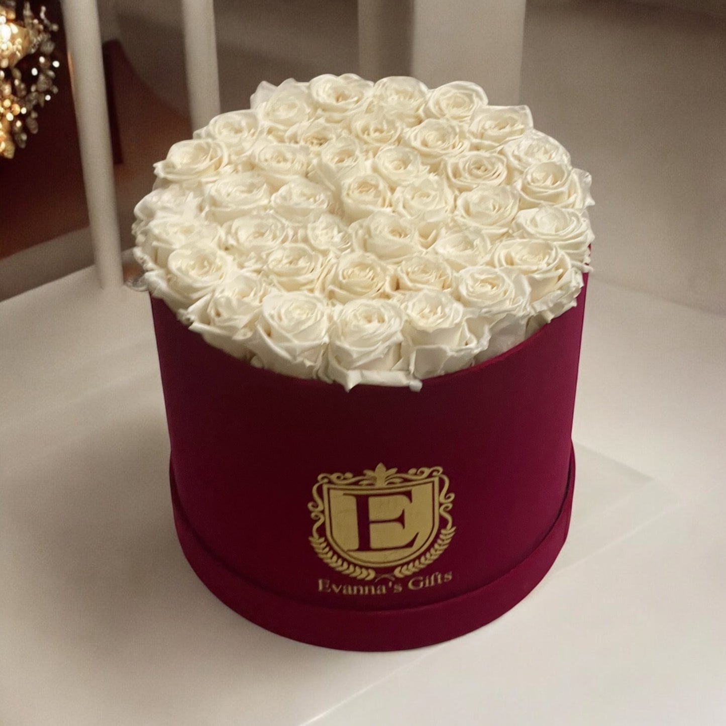 Luxury Forever Roses in Velvet Red Elegant Round Box Large - 12 inch Flat